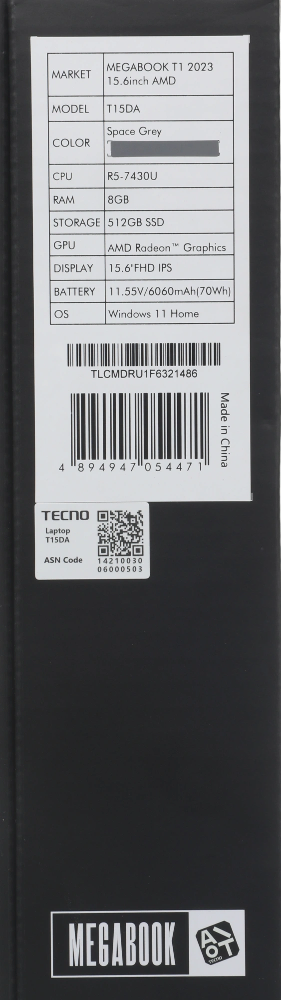 Ноутбук Tecno MegaBook T15DA, 15.6", IPS, AMD Ryzen 5 7430U, DDR4 8ГБ, SSD 512ГБ, AMD Radeon Graphics, серый (71003300345) от официального дилера в России