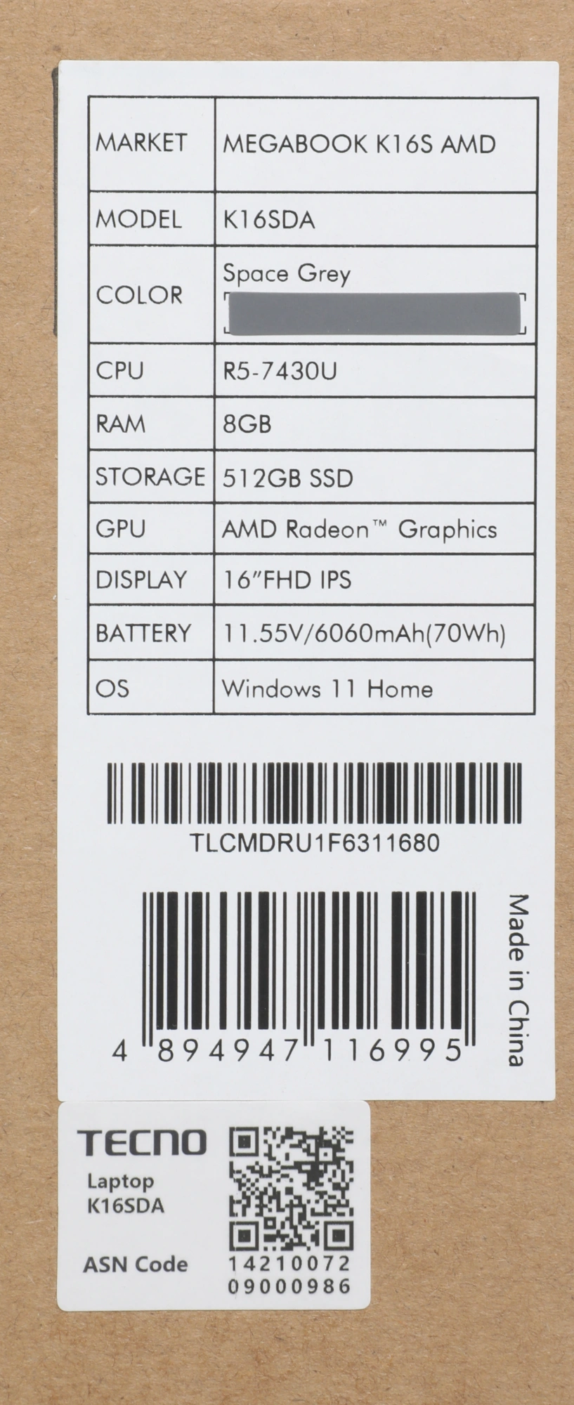 Ноутбук Tecno MegaBook K16SDA, 16", IPS, AMD Ryzen 5 7430U, DDR4 8ГБ, SSD 512ГБ, AMD Radeon Graphics, серый (71005000523) от официального дилера в России