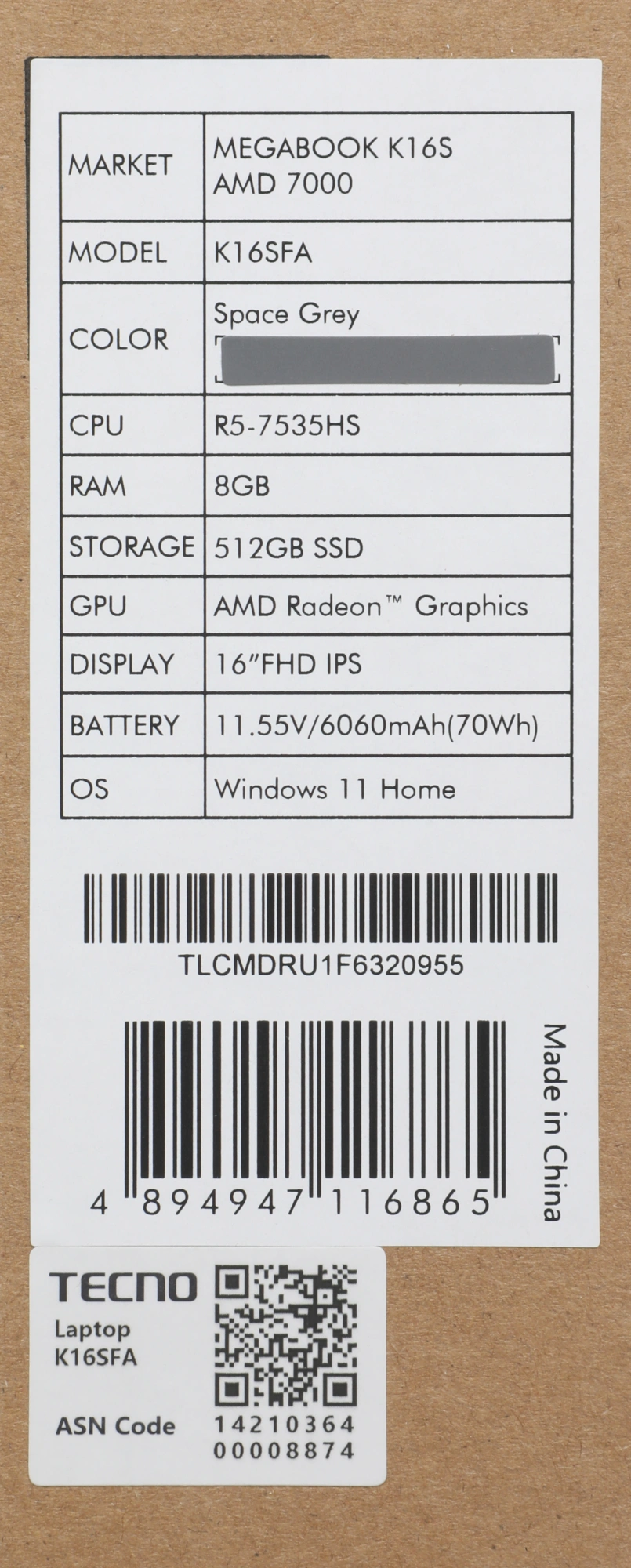 Ноутбук Tecno MegaBook K16SFA, 16", IPS, AMD Ryzen 5 7535HS, LPDDR5 8ГБ, SSD 512ГБ, AMD Radeon 660M, серый (71005000518) от официального дилера в России