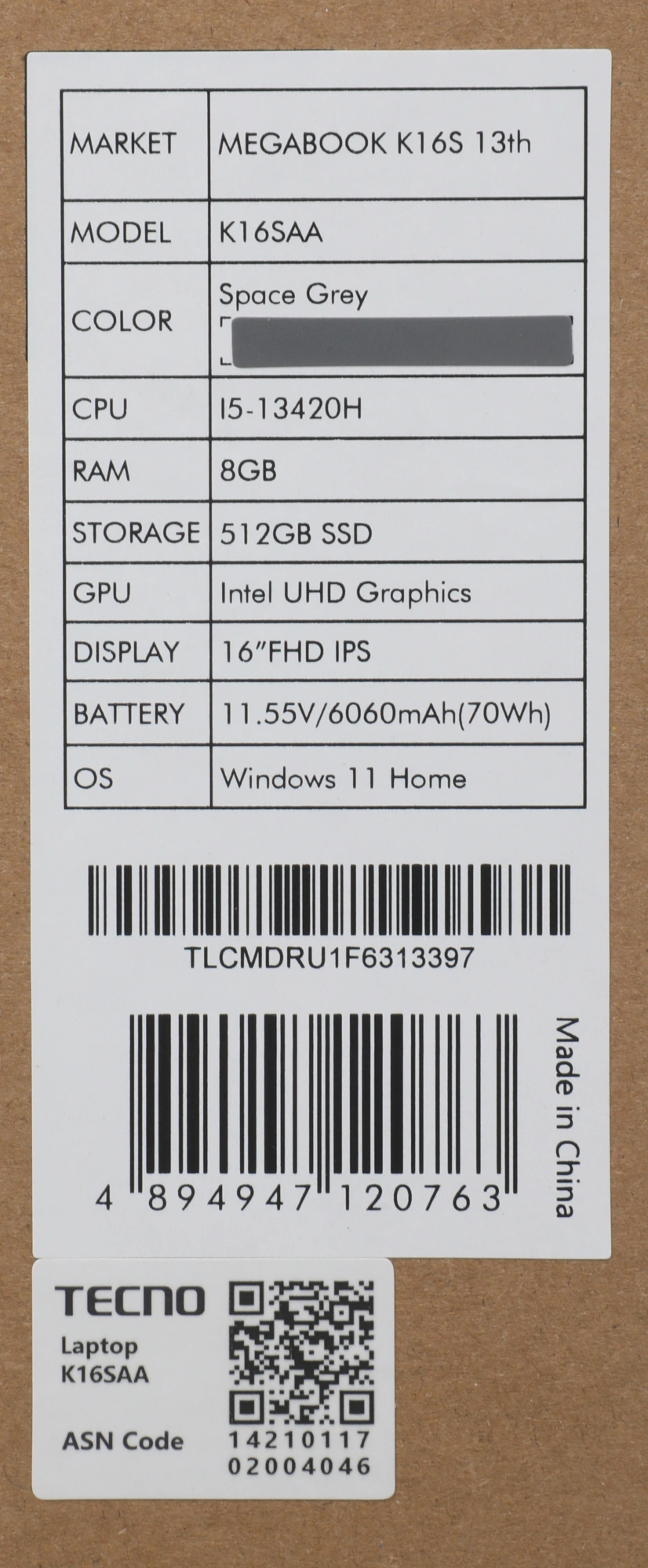 Ноутбук Tecno MegaBook K16SAA, 16", IPS, Intel Core i5 13420H, LPDDR4 8ГБ, SSD 512ГБ, Intel UHD Graphics, серый (71005000618) от официального дилера в России